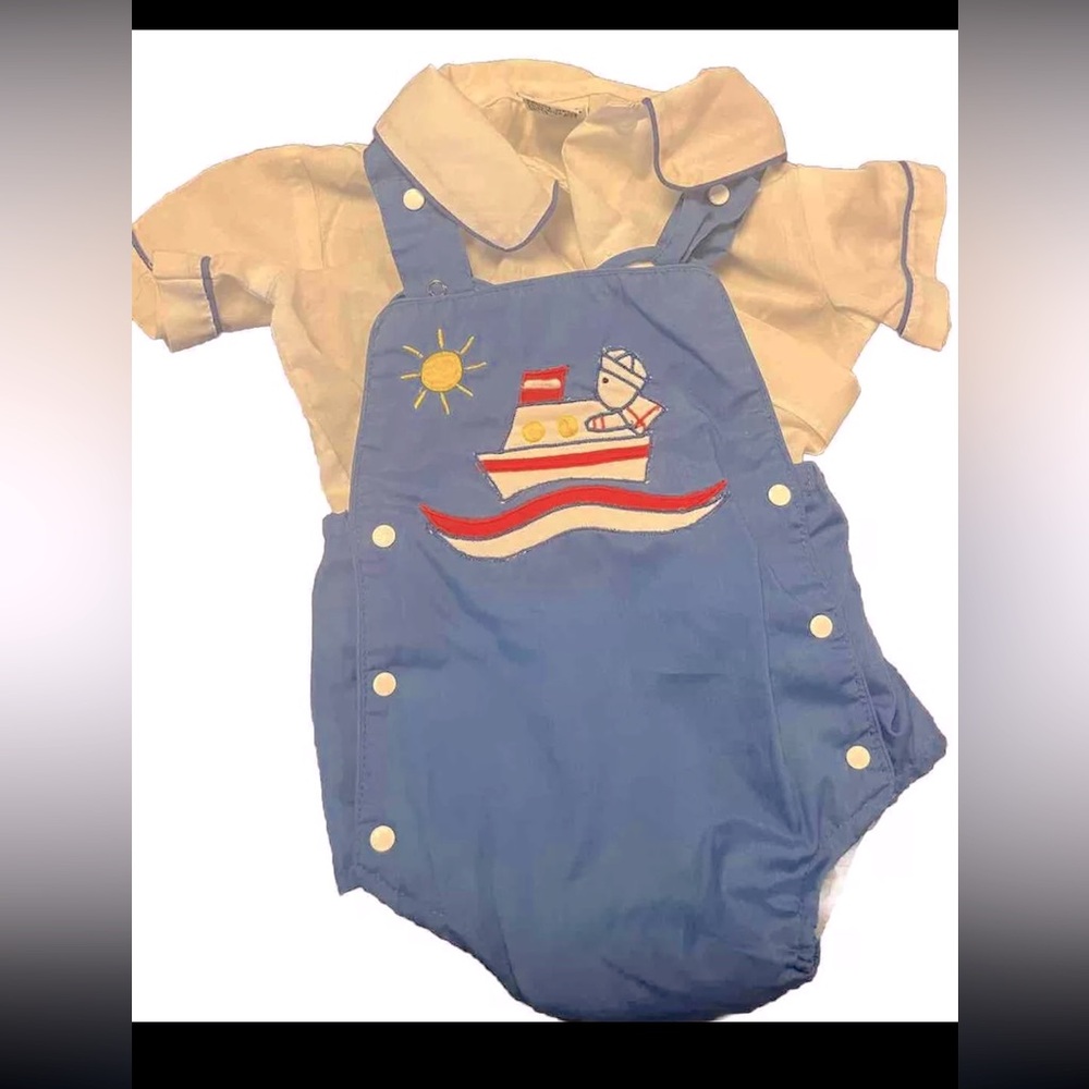 Vintage Boat Baby Sailor Overall Set Collared Button Short Sleeve Shirt 6-9month